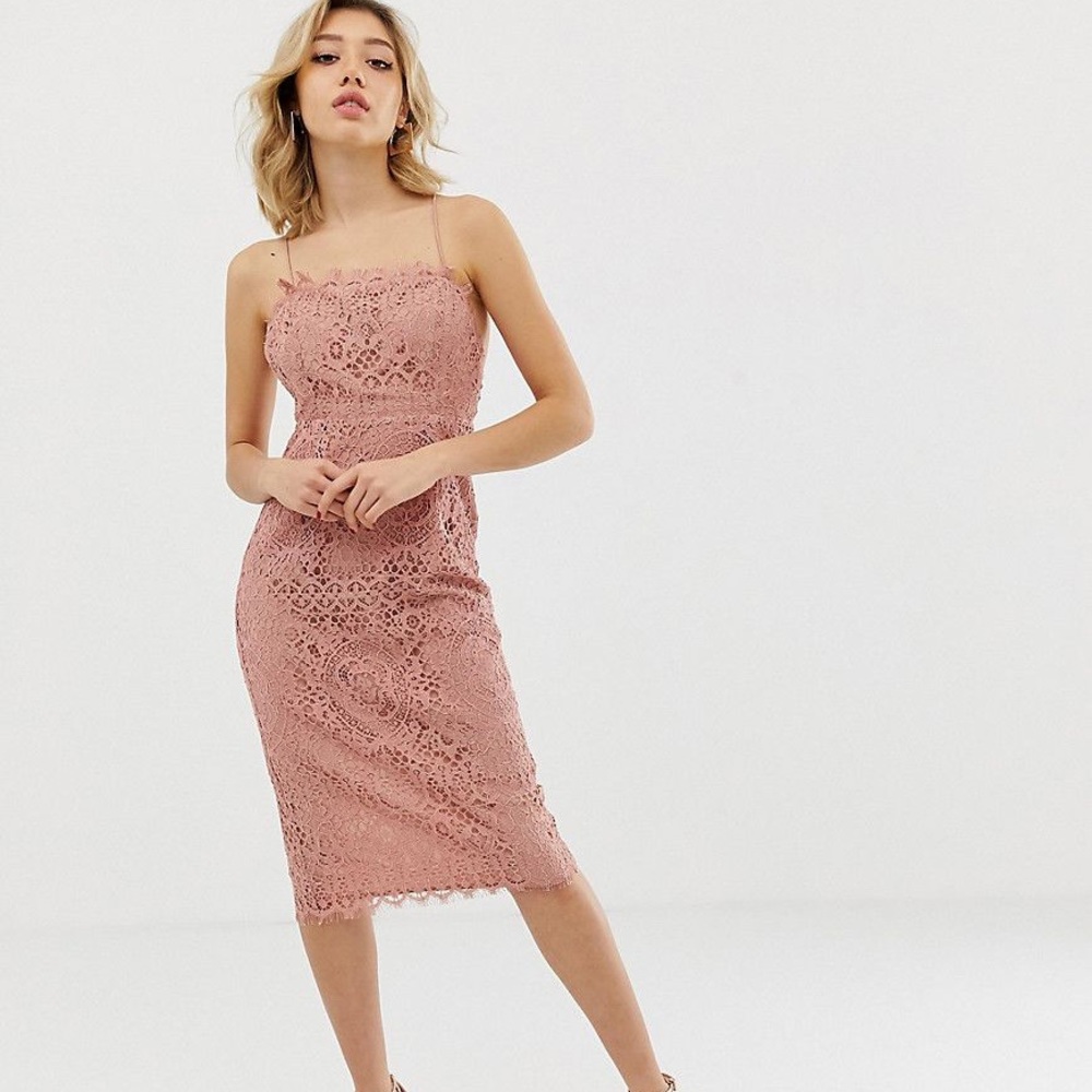 ASOS DESIGN square neck midi pencil dress In lace Mauve Bodycon Backless